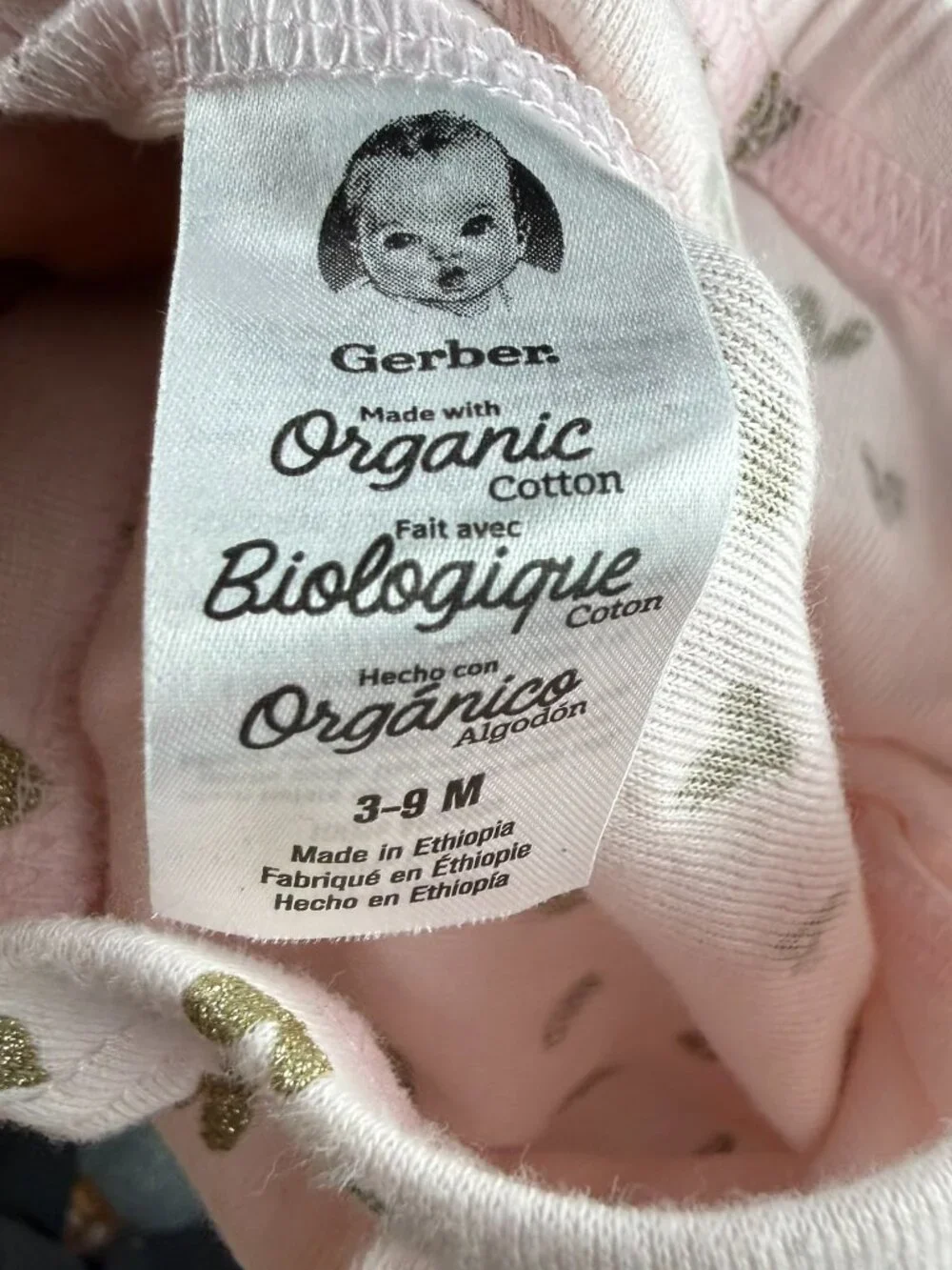 Gerber Baby Girl Pink Leggings 3-9 Months Organic Cotton Gold Hearts EUC